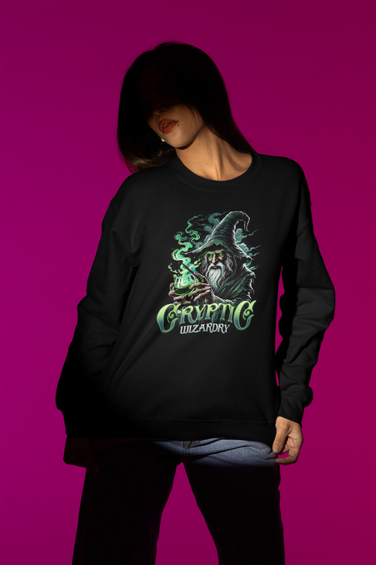 Cryptic Wizardry | Mystischer Magier-Pullover im Fantasy-Style – schwarz Pullover als Weibliches Model-Mockup, hochwertiges Nerd- & Gaming-Design Produktfoto.