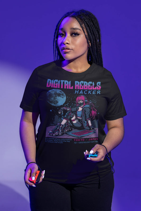 Digital Rebels – Hacker | Cyberpunk Anime T-Shirt für Gamer, Tech-Nerds & Streetwear-Fans – schwarz T-Shirt als weiblich-Mockup, modernes Gaming-Design und hochwertiges Produktfoto.