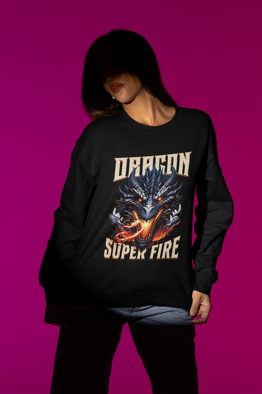 Dragon Super Fire | Maechtiger Drachen-Pullover im Fantasy-Style – schwarz Pullover als Weibliches Model-Mockup, hochwertiges Nerd- & Gaming-Design Produktfoto.