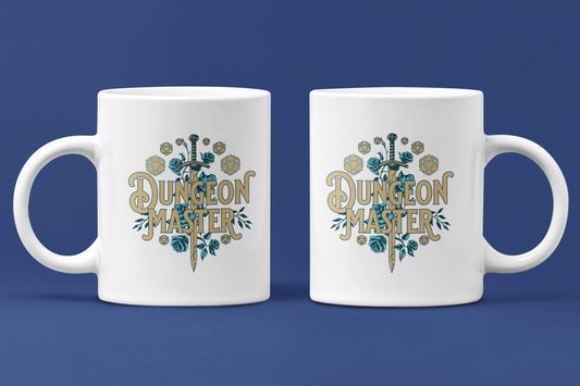 Dungeon Master – Keramiktasse (325 ml) – 325 ml Keramiktasse als Doppel-Mockup, hochwertiges Gaming- & Nerd-Design Produktfoto.