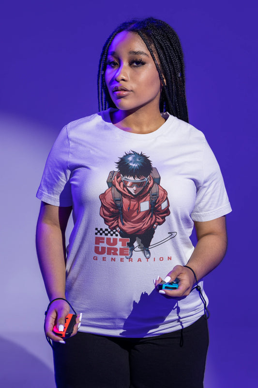 Future Generation | Urban Techwear T-Shirt – weisses T-Shirt als weiblich-Mockup, modernes Gaming-Design und hochwertiges Produktfoto.
