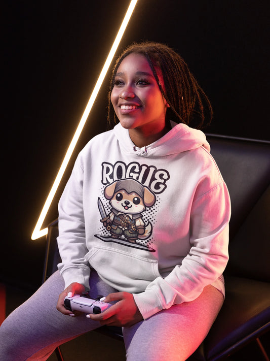 Rogue Dog | Niedlicher Schurken-Hoodie im Fantasy-Style – weiss Hoodie als weiblich-Mockup, modernes Gaming-Design und hochwertiges Produktfoto.