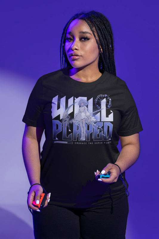 Well Played | Anime Gamer T-Shirt – Embrace the Super Power – schwarz T-Shirt als weiblich-Mockup, modernes Gaming-Design und hochwertiges Produktfoto.