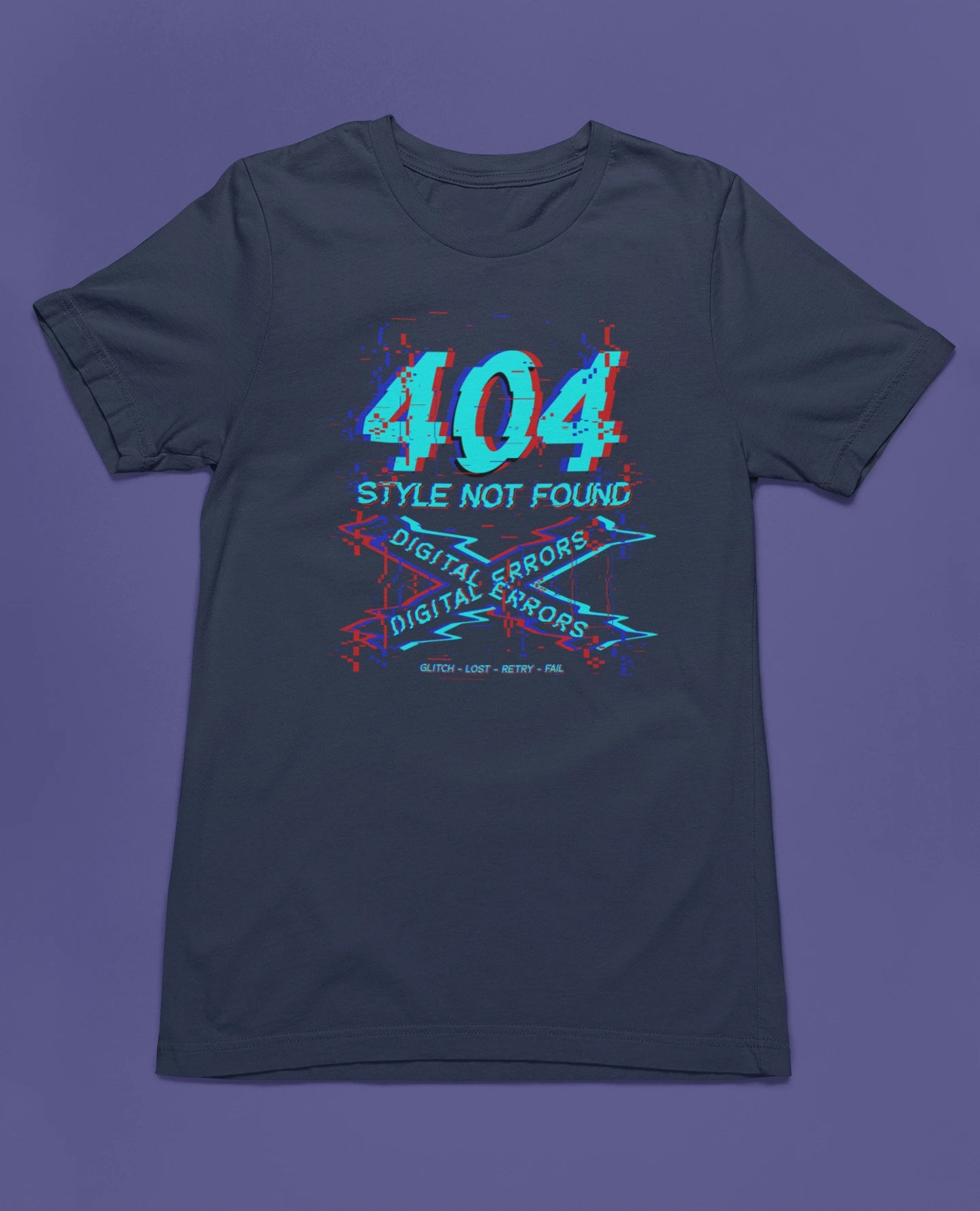 404 – Style Not Found | Digital Error T-Shirt – marine T-Shirt als flatlay-Mockup, modernes Gaming-Design und hochwertiges Produktfoto.