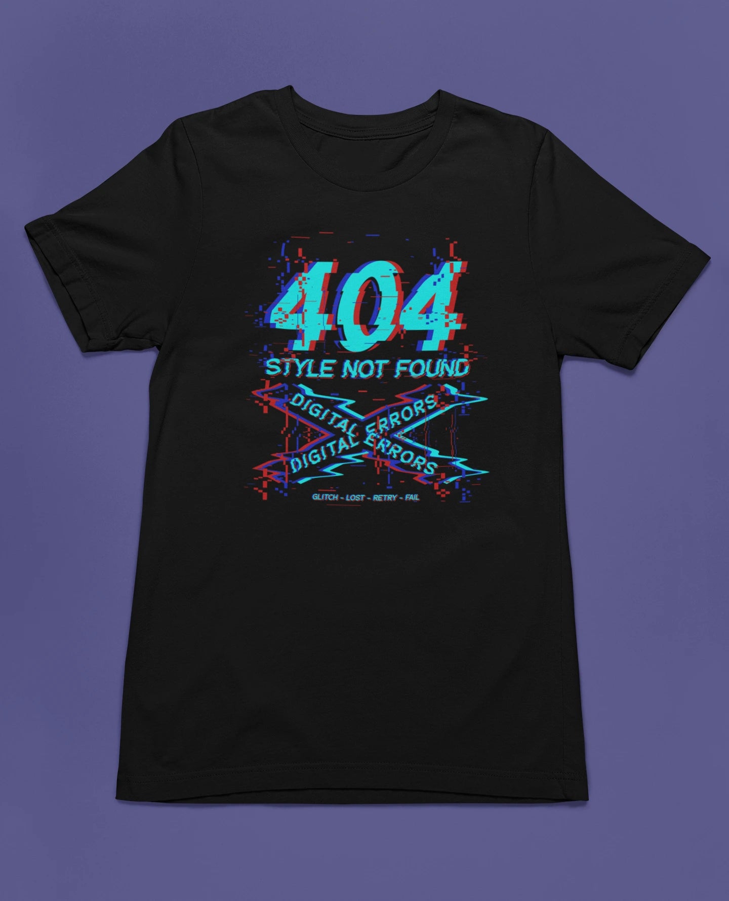 404 – Style Not Found | Digital Error T-Shirt – schwarz T-Shirt als flatlay-Mockup, modernes Gaming-Design und hochwertiges Produktfoto.