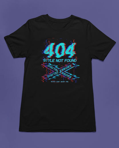 404 – Style Not Found | Digital Error T-Shirt – schwarz T-Shirt als flatlay-Mockup, modernes Gaming-Design und hochwertiges Produktfoto.