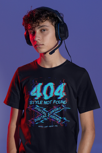 404 – Style Not Found | Digital Error T-Shirt – schwarz T-Shirt als maennlich-Mockup, modernes Gaming-Design und hochwertiges Produktfoto.