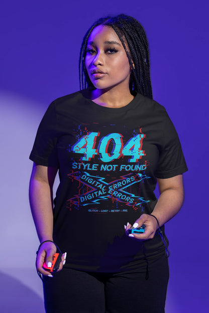 404 – Style Not Found | Digital Error T-Shirt – schwarz T-Shirt als weiblich-Mockup, modernes Gaming-Design und hochwertiges Produktfoto.