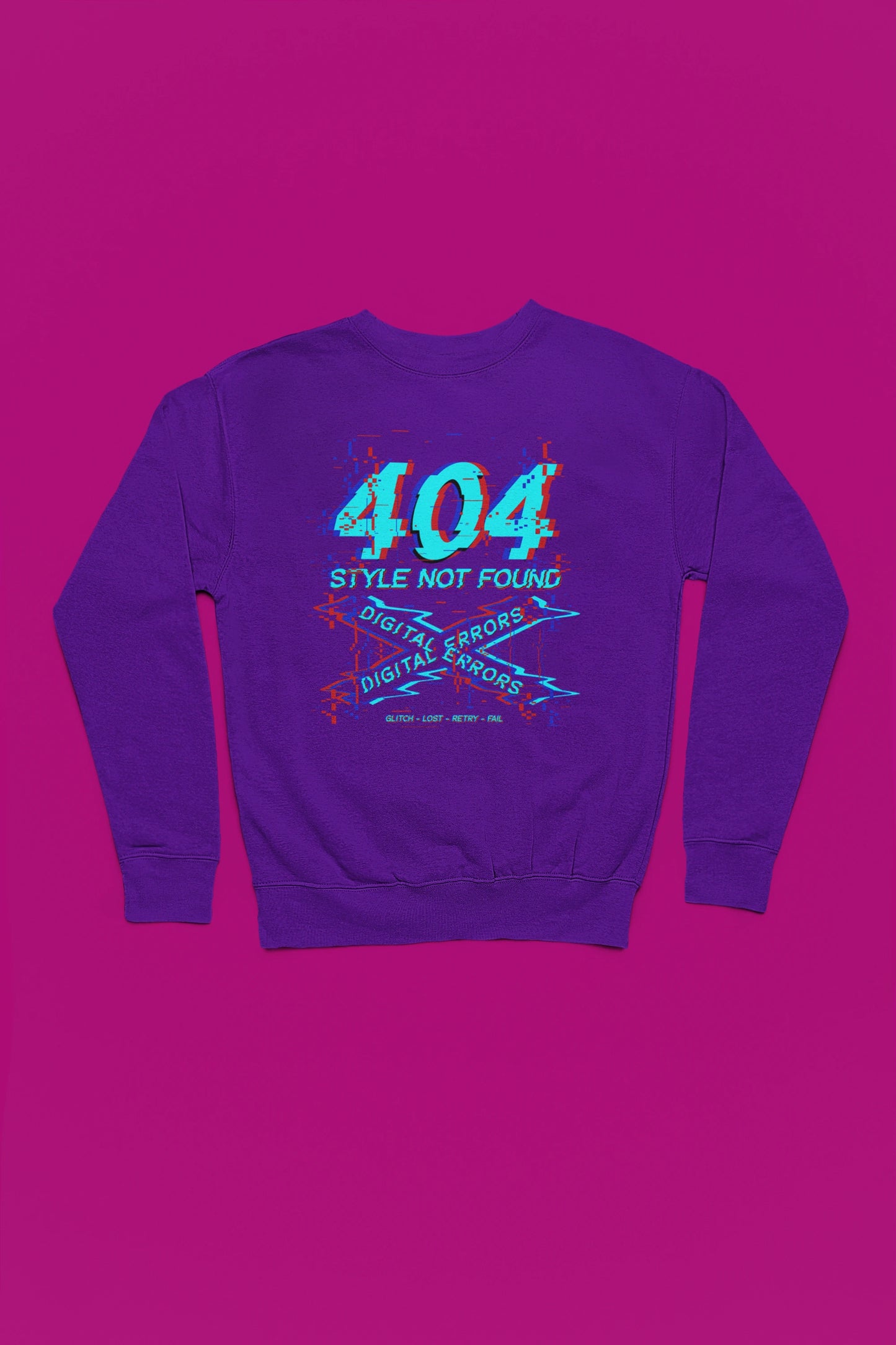 404 Style Not Found | Glitch Pullover im Digital-Error-Look – lila Pullover als Flatlay-Mockup, hochwertiges Nerd- & Gaming-Design Produktfoto.
