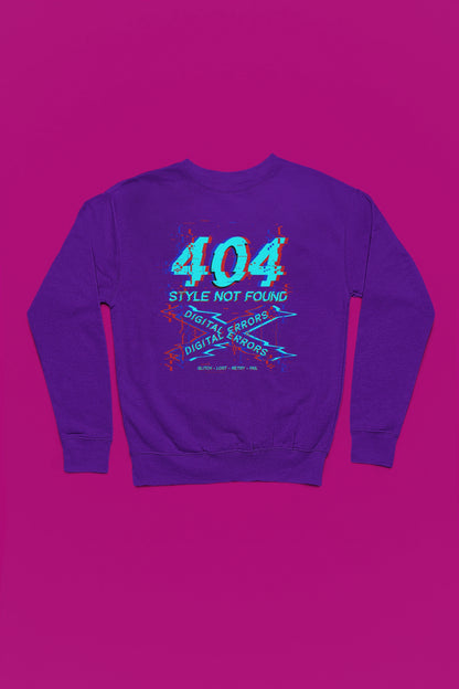 404 Style Not Found | Glitch Pullover im Digital-Error-Look – lila Pullover als Flatlay-Mockup, hochwertiges Nerd- & Gaming-Design Produktfoto.