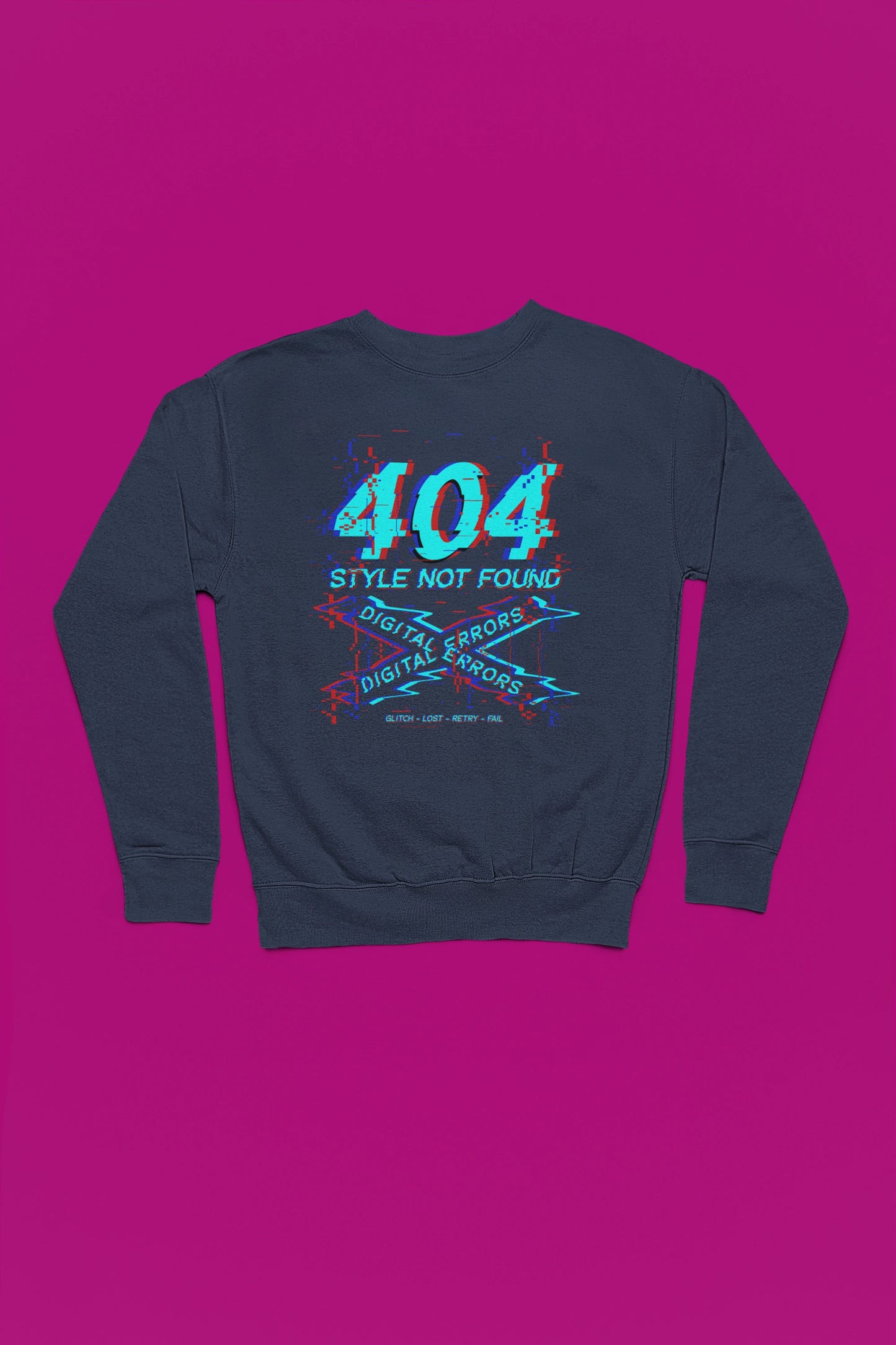 404 Style Not Found | Glitch Pullover im Digital-Error-Look – marine Pullover als Flatlay-Mockup, hochwertiges Nerd- & Gaming-Design Produktfoto.