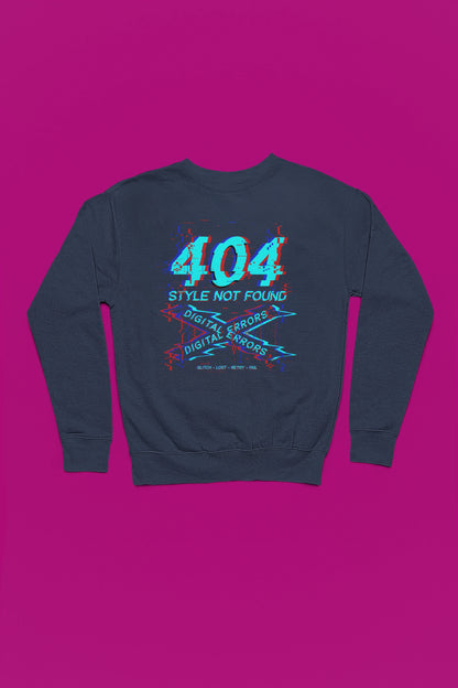 404 Style Not Found | Glitch Pullover im Digital-Error-Look – marine Pullover als Flatlay-Mockup, hochwertiges Nerd- & Gaming-Design Produktfoto.