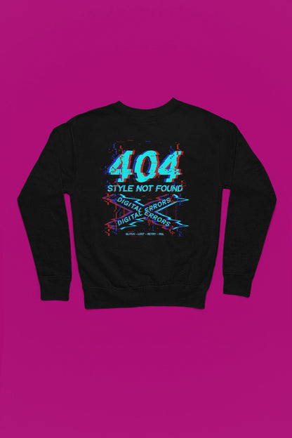 404 Style Not Found | Glitch Pullover im Digital-Error-Look – schwarz Pullover als Flatlay-Mockup, hochwertiges Nerd- & Gaming-Design Produktfoto.