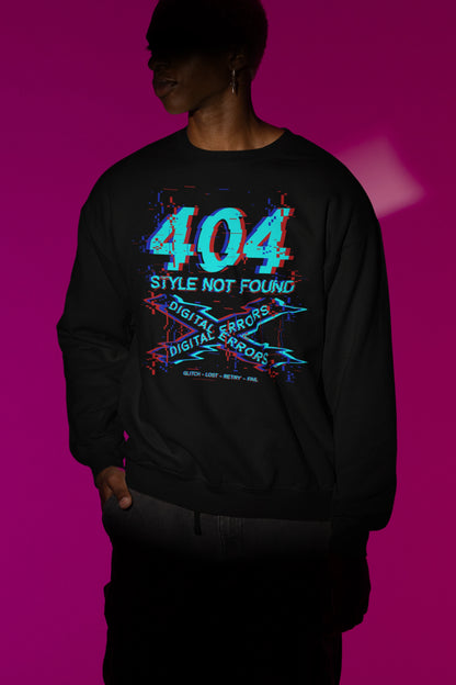 404 Style Not Found | Glitch Pullover im Digital-Error-Look – schwarz Pullover als Maennliches Model-Mockup, hochwertiges Nerd- & Gaming-Design Produktfoto.
