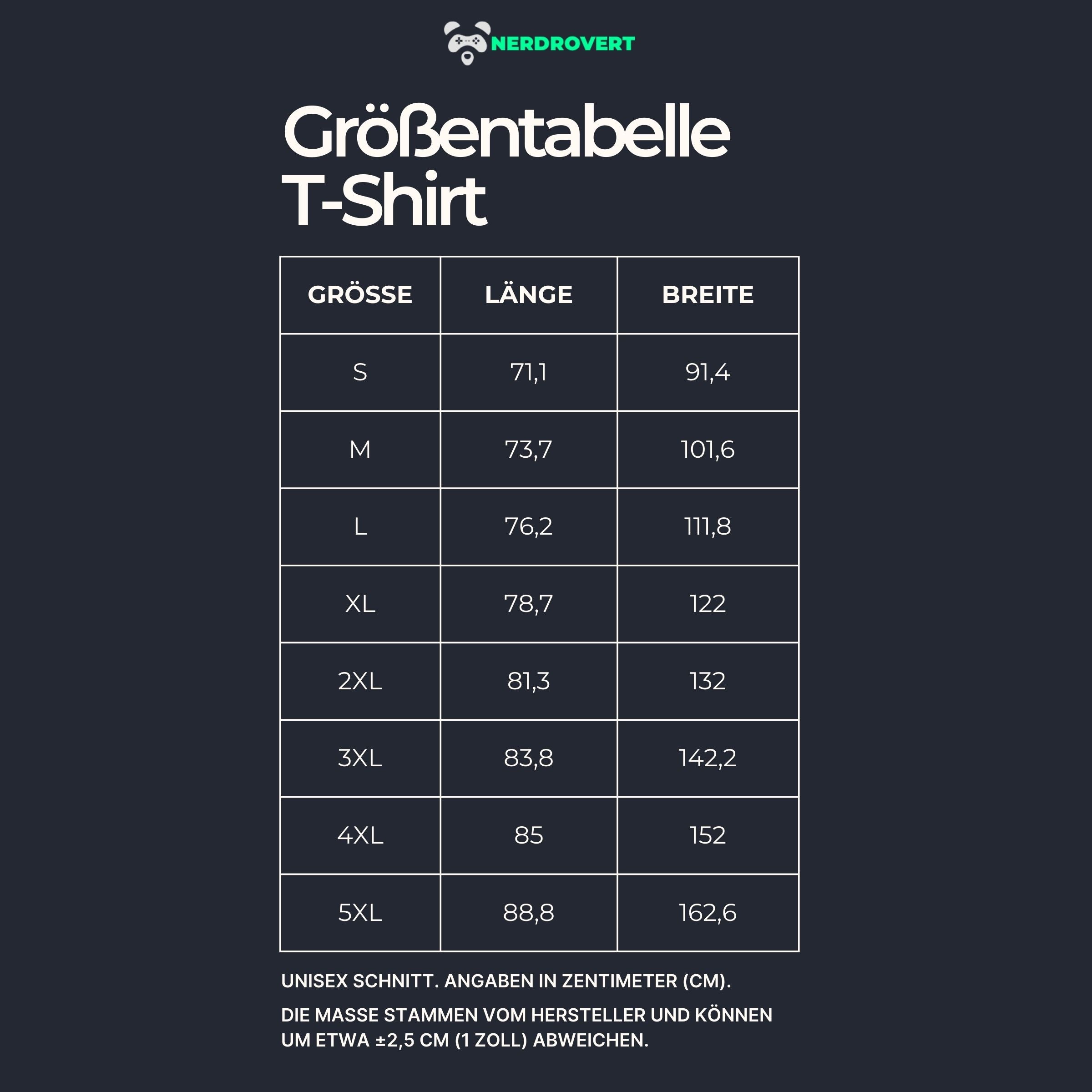 Größentabelle für Nerdrovert Unisex T-Shirts. Übersicht der Maße in Zentimetern für S bis 5XL mit Länge und Breite. Enthält Hinweis zu möglichen Abweichungen von ±2,5 cm. Dunkles Design mit klar strukturierter Tabelle.