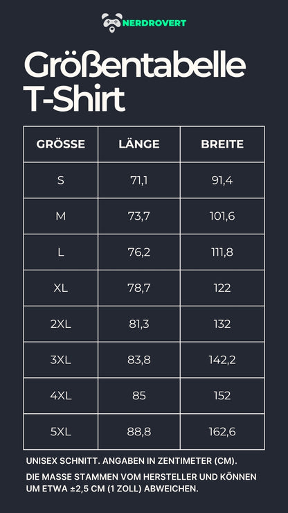 Größentabelle für Nerdrovert Unisex T-Shirts. Übersicht der Maße in Zentimetern für S bis 5XL mit Länge und Breite. Enthält Hinweis zu möglichen Abweichungen von ±2,5 cm. Dunkles Design mit klar strukturierter Tabelle.