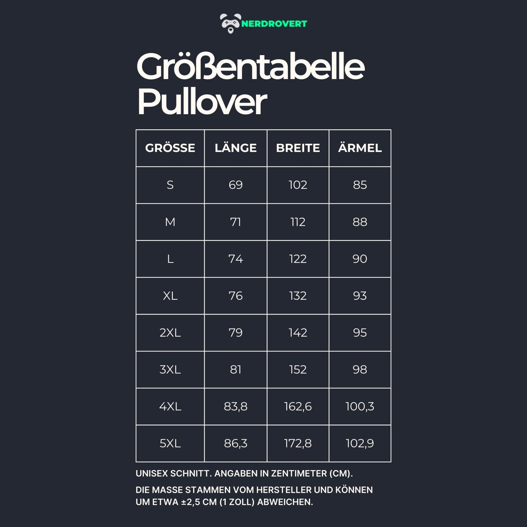 Größentabelle für Nerdrovert Unisex Pullover. Detaillierte Maßtabelle in Zentimetern für die Größen S bis 5XL mit Angaben zu Länge, Breite und Ärmellänge. Enthält Hersteller-Hinweis zu Abweichungen von ±2,5 cm. Modernes dunkles Layout.