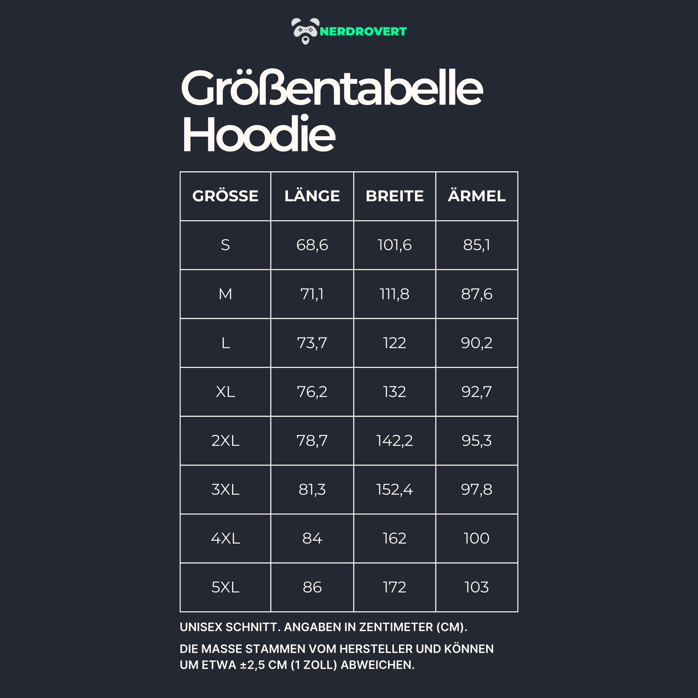 Größentabelle für Nerdrovert Unisex Hoodies. Maße für S bis 5XL mit Länge, Breite und Ärmellänge in Zentimetern. Hinweis zu möglichen Maßabweichungen von ±2,5 cm. Klar strukturierte Tabelle im dunklen Nerdrovert-Design.