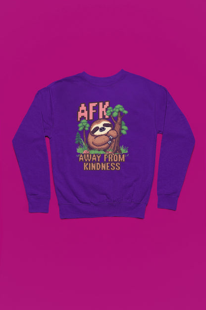 AFK – Away From Kindness | Pixel Sloth Pullover – lila Pullover als Flatlay-Mockup, hochwertiges Nerd- & Gaming-Design Produktfoto.