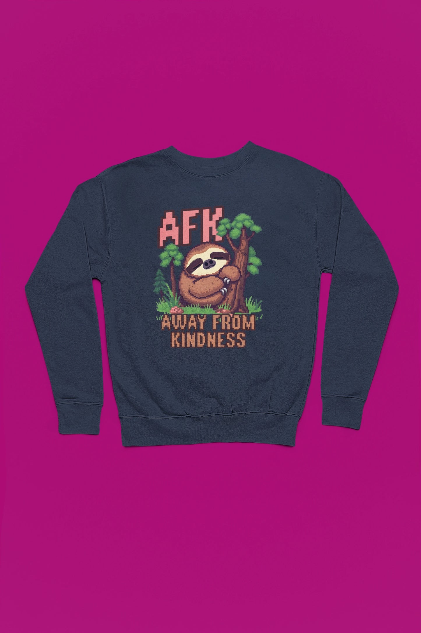 AFK – Away From Kindness | Pixel Sloth Pullover – marine Pullover als Flatlay-Mockup, hochwertiges Nerd- & Gaming-Design Produktfoto.
