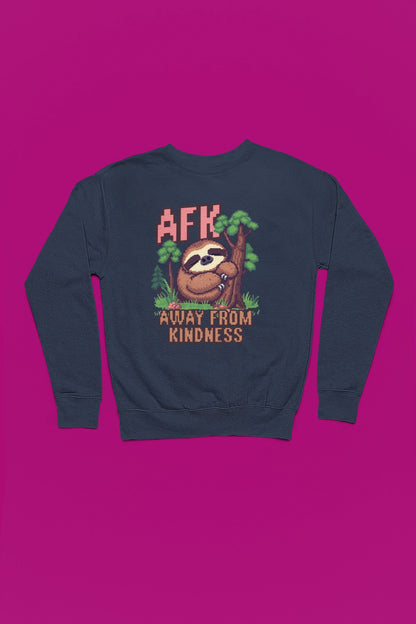 AFK – Away From Kindness | Pixel Sloth Pullover – marine Pullover als Flatlay-Mockup, hochwertiges Nerd- & Gaming-Design Produktfoto.