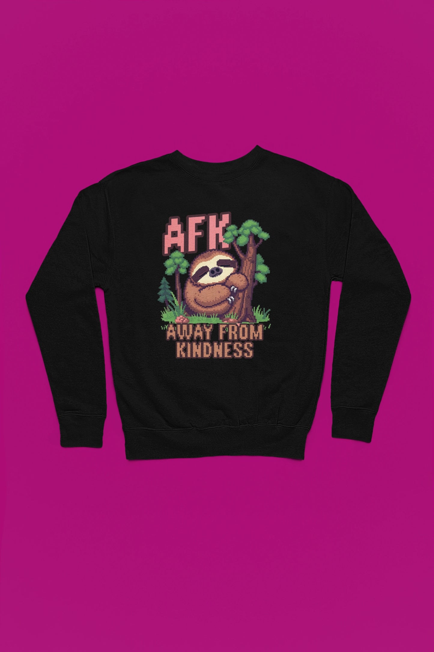 AFK – Away From Kindness | Pixel Sloth Pullover – schwarz Pullover als Flatlay-Mockup, hochwertiges Nerd- & Gaming-Design Produktfoto.