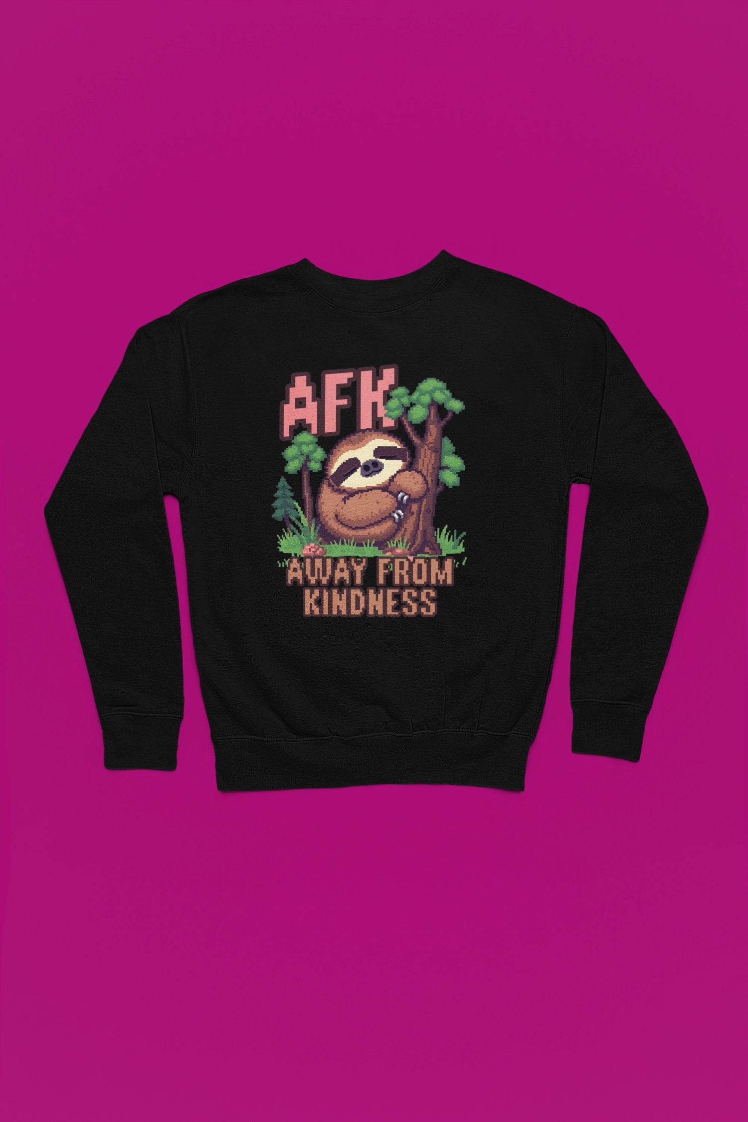 AFK – Away From Kindness | Pixel Sloth Pullover – schwarz Pullover als Flatlay-Mockup, hochwertiges Nerd- & Gaming-Design Produktfoto.