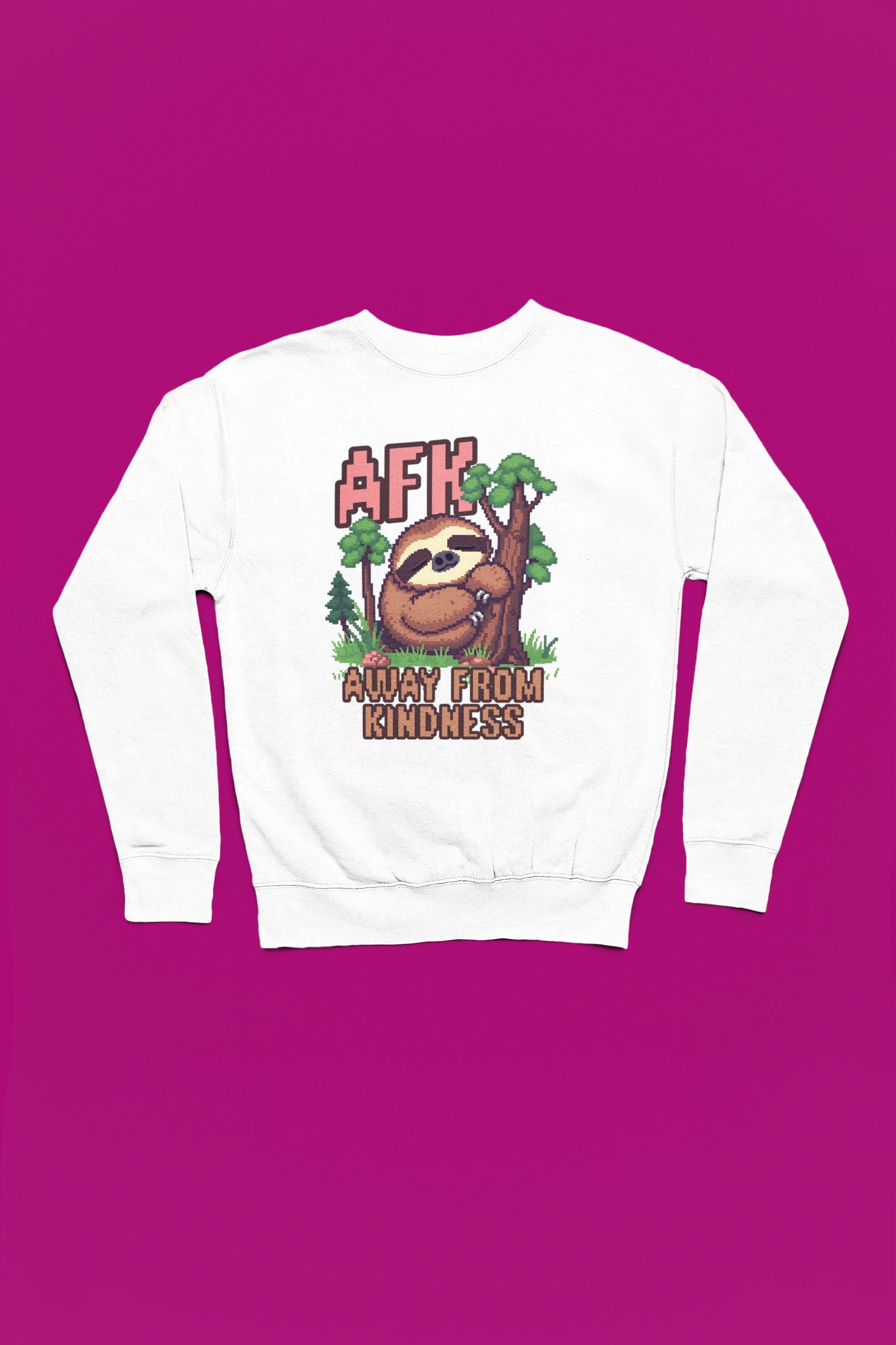 AFK – Away From Kindness | Pixel Sloth Pullover – weiss Pullover als Flatlay-Mockup, hochwertiges Nerd- & Gaming-Design Produktfoto.
