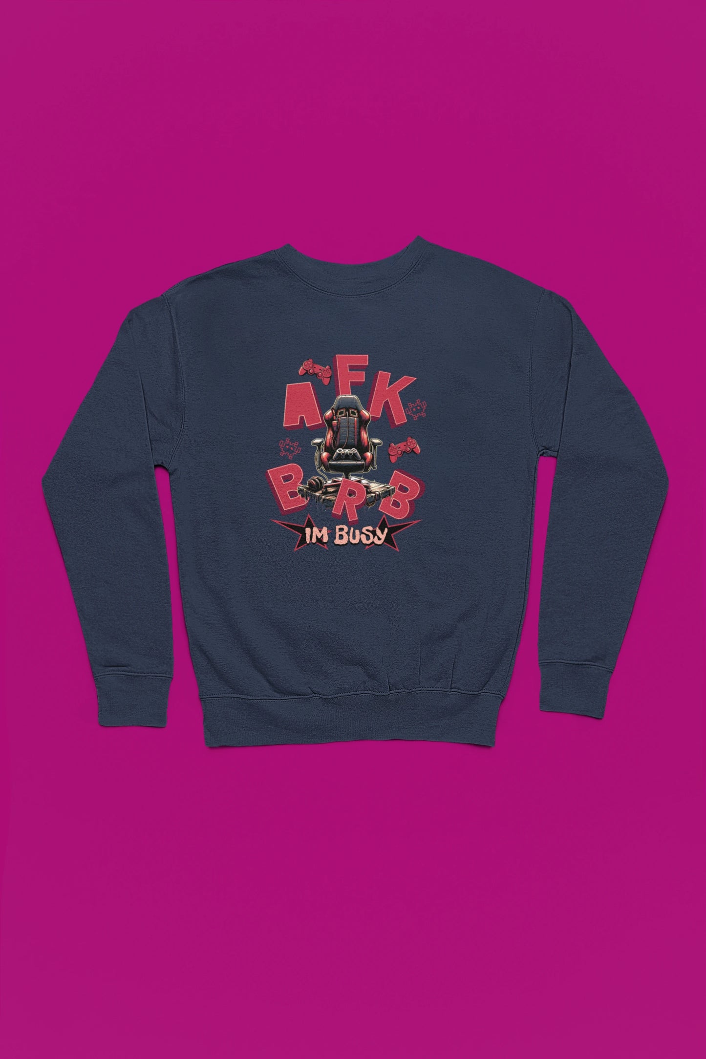 AFK / BRB – Gamer Chair | Gaming-Pullover fuer Zocker & Streamer – marine Pullover als Flatlay-Mockup, hochwertiges Nerd- & Gaming-Design Produktfoto.