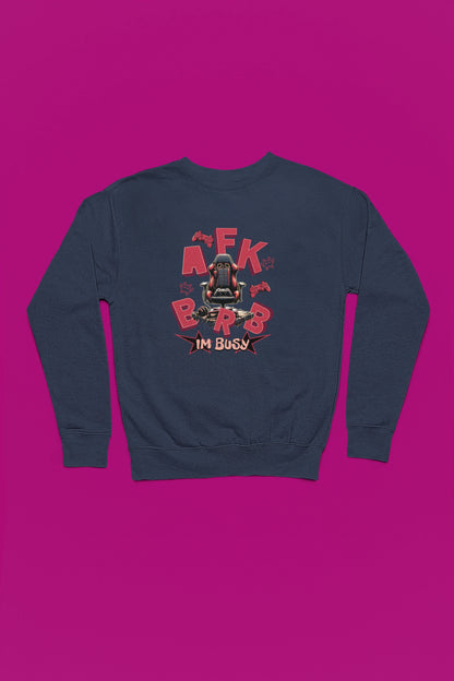 AFK / BRB – Gamer Chair | Gaming-Pullover fuer Zocker & Streamer – marine Pullover als Flatlay-Mockup, hochwertiges Nerd- & Gaming-Design Produktfoto.