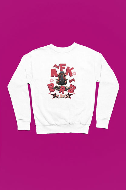 AFK / BRB – Gamer Chair | Gaming-Pullover fuer Zocker & Streamer – weiss Pullover als Flatlay-Mockup, hochwertiges Nerd- & Gaming-Design Produktfoto.