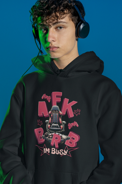 AFK BRB – I’m Busy | Gamer Chair Hoodie – schwarz Hoodie als maennlich-Mockup, modernes Gaming-Design und hochwertiges Produktfoto.