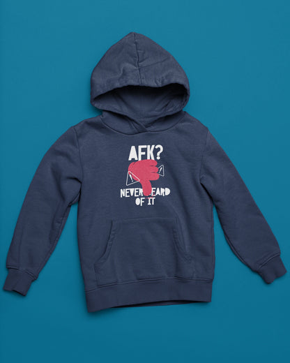 AFK? Never Heard Of It Hoodie – Gamer Humor Design – marine Hoodie als flatlay-Mockup, modernes Gaming-Design und hochwertiges Produktfoto.