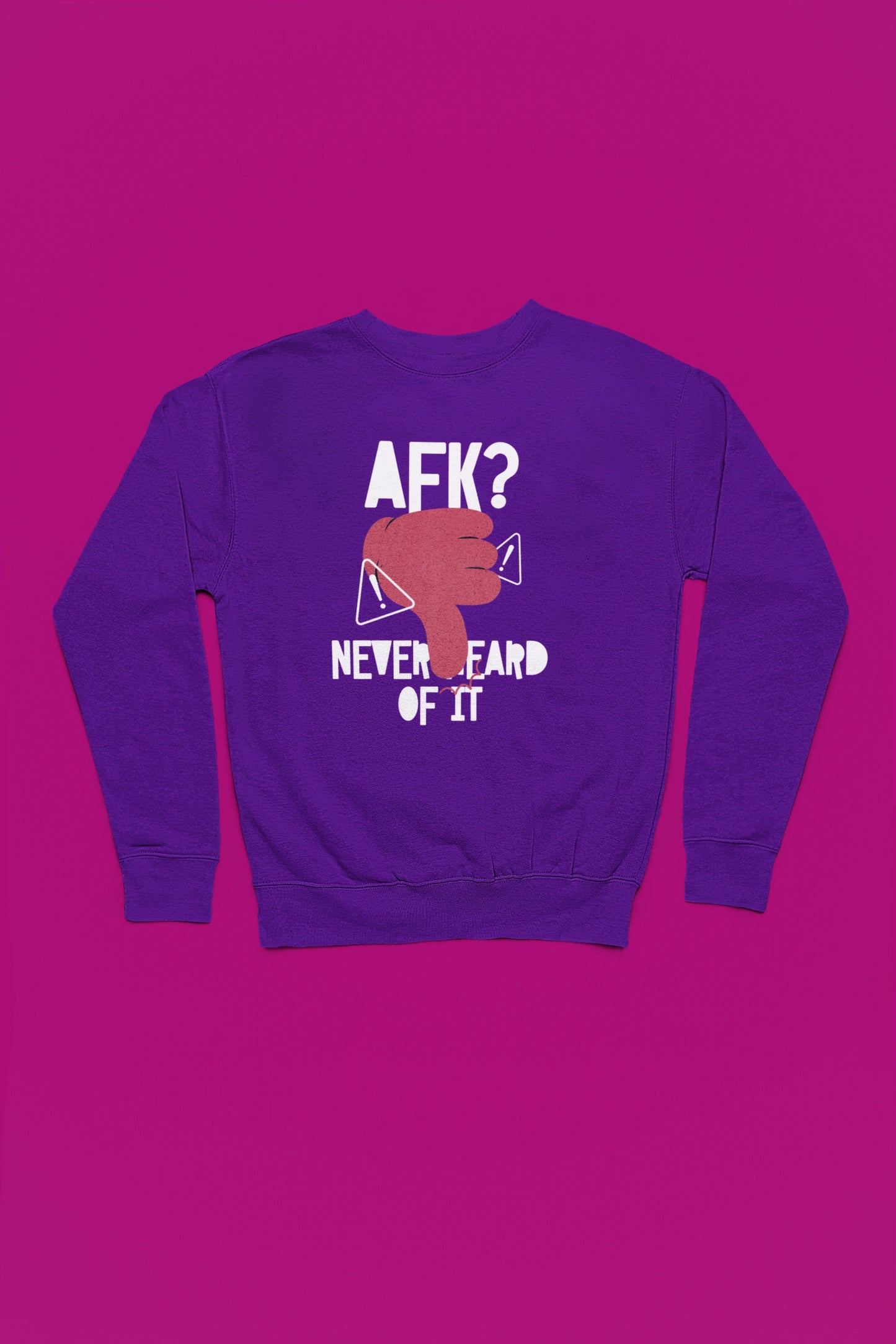 AFK? Never Heard of It | Humorvoller Pullover im Gaming-Stil – lila Pullover als Flatlay-Mockup, hochwertiges Nerd- & Gaming-Design Produktfoto.