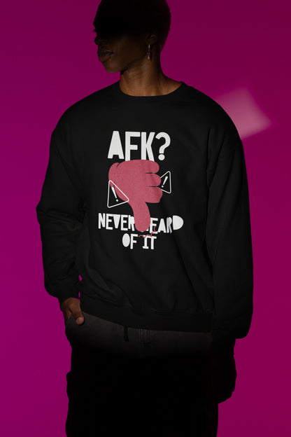 AFK? Never Heard of It | Humorvoller Pullover im Gaming-Stil – schwarz Pullover als Maennliches Model-Mockup, hochwertiges Nerd- & Gaming-Design Produktfoto.