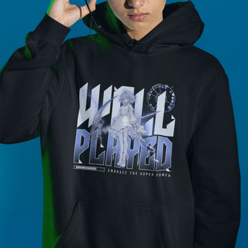Anime Hoodie - Well Played in schwarz – Unisex Gaming Hoodie im Nerd & Streetwear Style, getragen von männlichen Model
