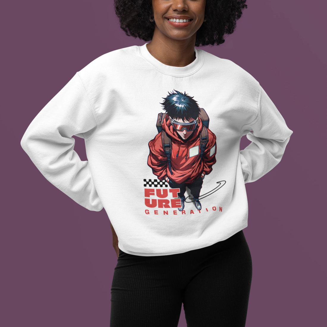 Anime Pullover - Future Generation in weiß – Unisex Pullover im Nerd & Streetwear Style, getragen von weiblichen Model