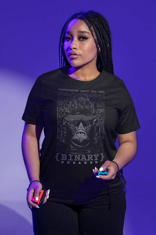 Binary Breaker | Hacker & Cyberpunk T-Shirt im Tech-Stil – schwarz T-Shirt als weiblich-Mockup, modernes Gaming-Design und hochwertiges Produktfoto.