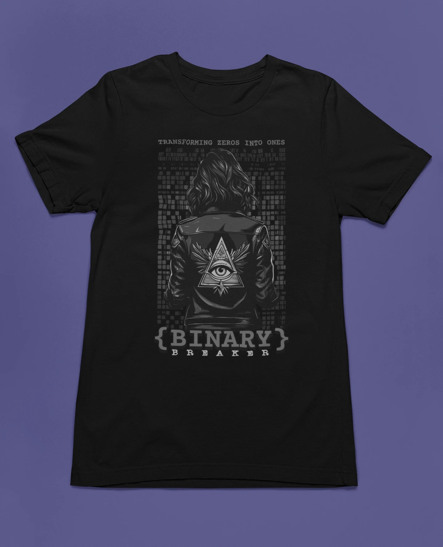 Binary Breaker | Hacker & Cyberpunk T-Shirt im Tech-Stil – schwarz T-Shirt als flatlay-Mockup, modernes Gaming-Design und hochwertiges Produktfoto.