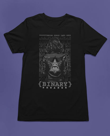 Binary Breaker | Hacker & Cyberpunk T-Shirt im Tech-Stil – schwarz T-Shirt als flatlay-Mockup, modernes Gaming-Design und hochwertiges Produktfoto.