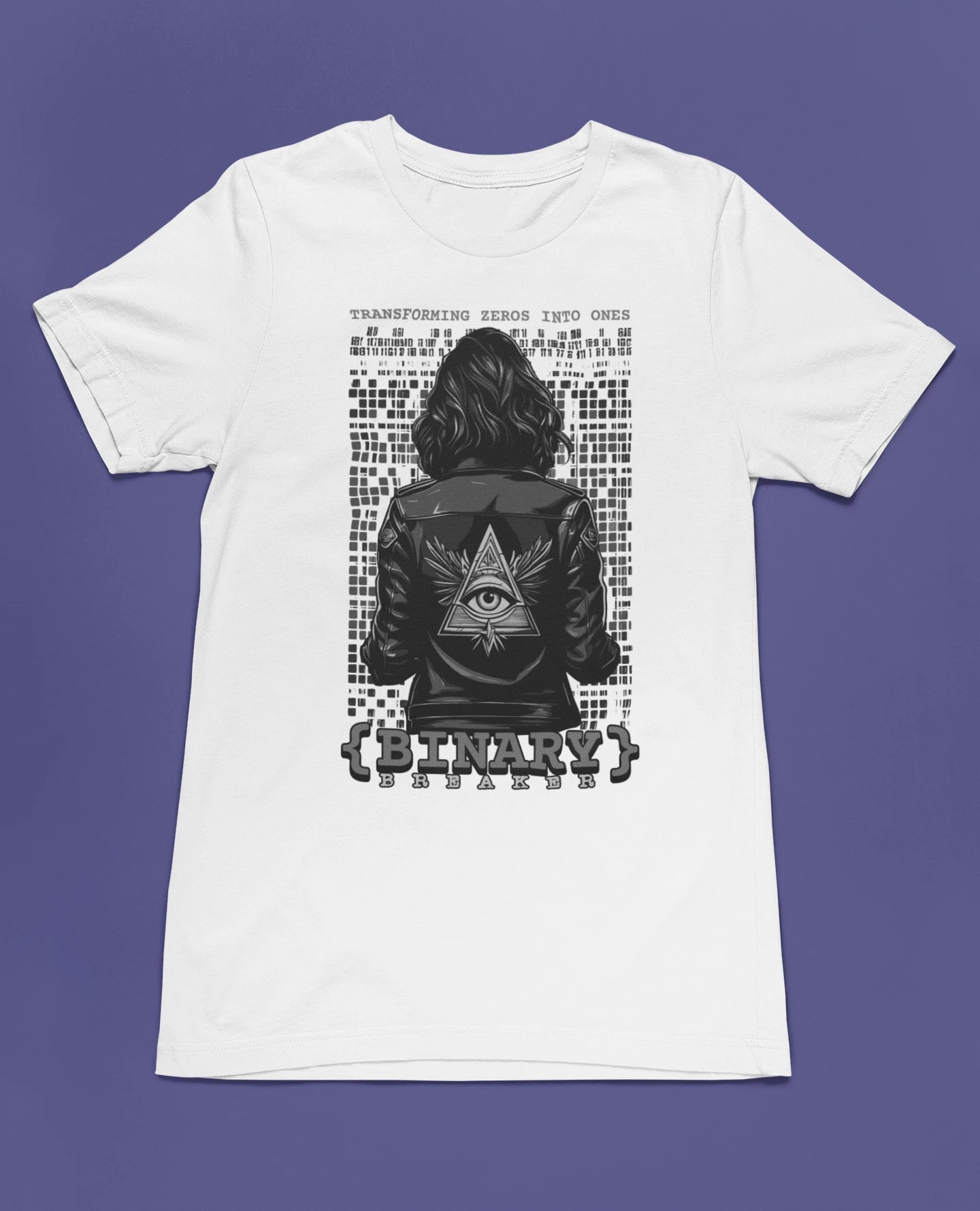 Binary Breaker | Hacker & Cyberpunk T-Shirt im Tech-Stil – weiss T-Shirt als flatlay-Mockup, modernes Gaming-Design und hochwertiges Produktfoto.