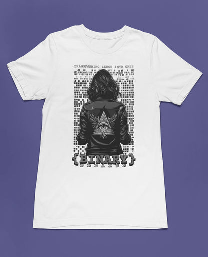 Binary Breaker | Hacker & Cyberpunk T-Shirt im Tech-Stil – weiss T-Shirt als flatlay-Mockup, modernes Gaming-Design und hochwertiges Produktfoto.