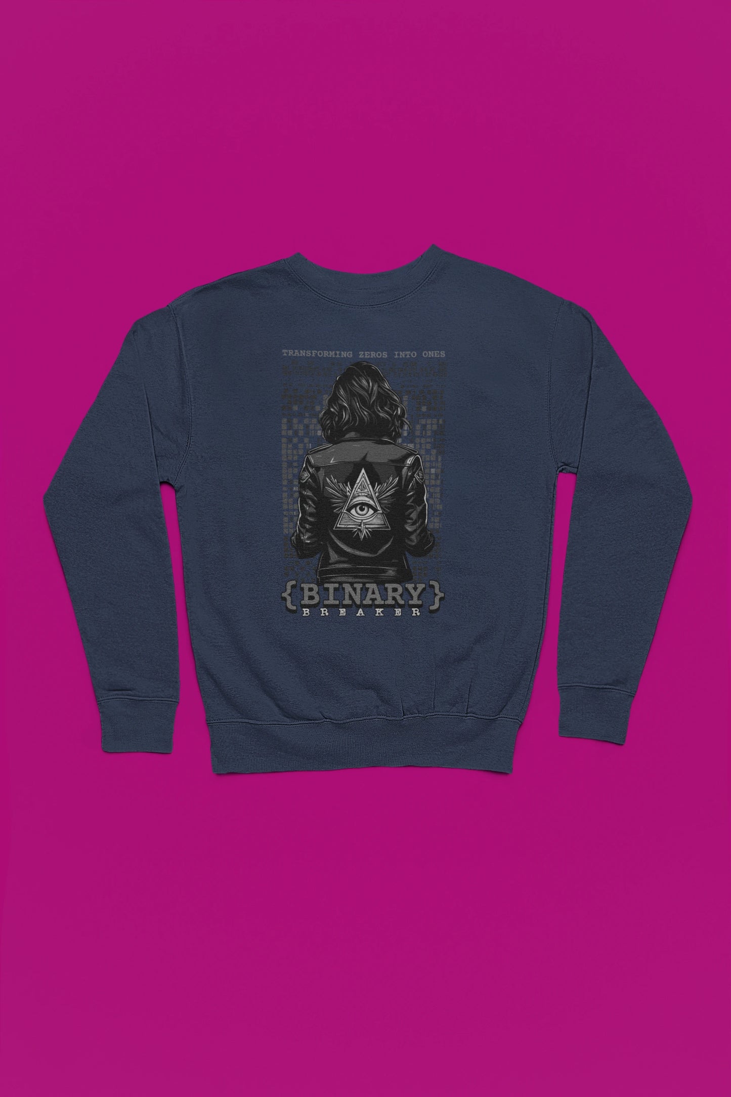 Binary Breaker | Hacker-Pullover im Cyber-Style – marine Pullover als Flatlay-Mockup, hochwertiges Nerd- & Gaming-Design Produktfoto.