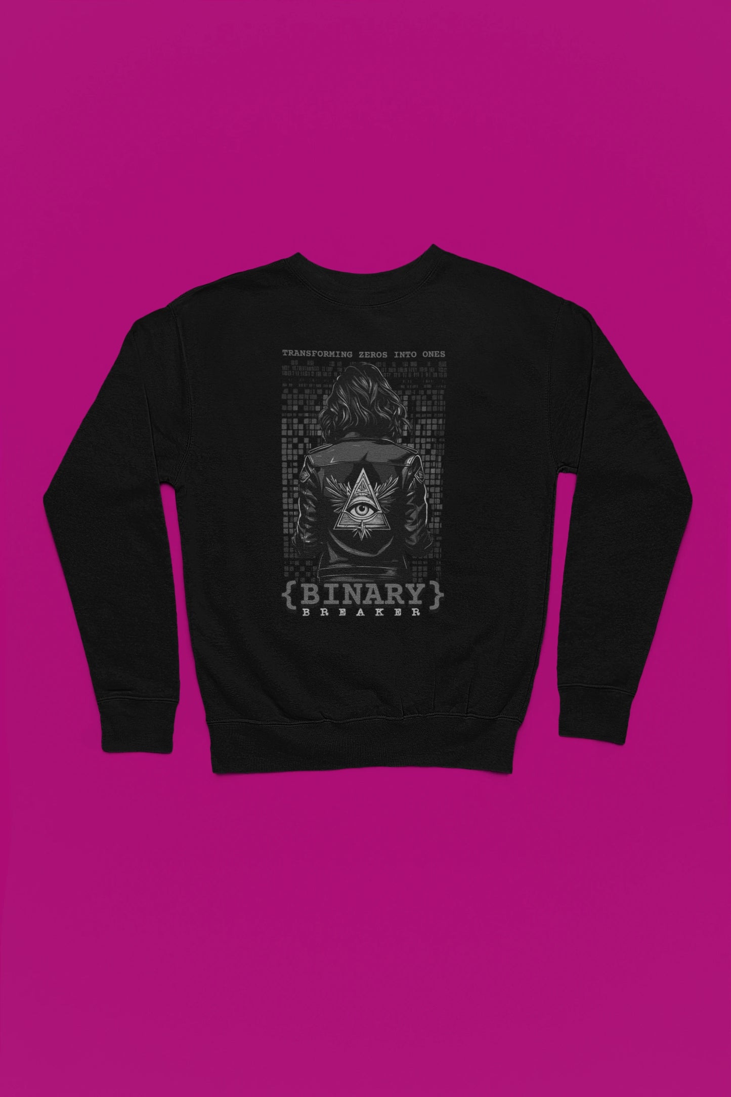 Binary Breaker | Hacker-Pullover im Cyber-Style – schwarz Pullover als Flatlay-Mockup, hochwertiges Nerd- & Gaming-Design Produktfoto.