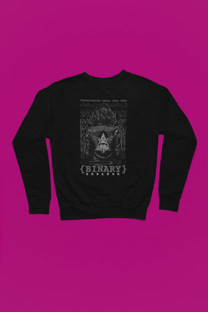 Binary Breaker | Hacker-Pullover im Cyber-Style – schwarz Pullover als Flatlay-Mockup, hochwertiges Nerd- & Gaming-Design Produktfoto.