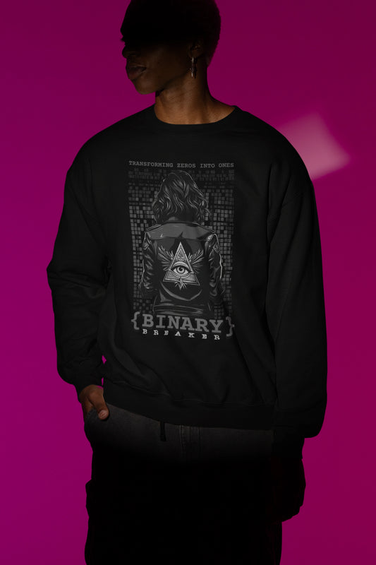 Binary Breaker | Hacker-Pullover im Cyber-Style – schwarz Pullover als Maennliches Model-Mockup, hochwertiges Nerd- & Gaming-Design Produktfoto.