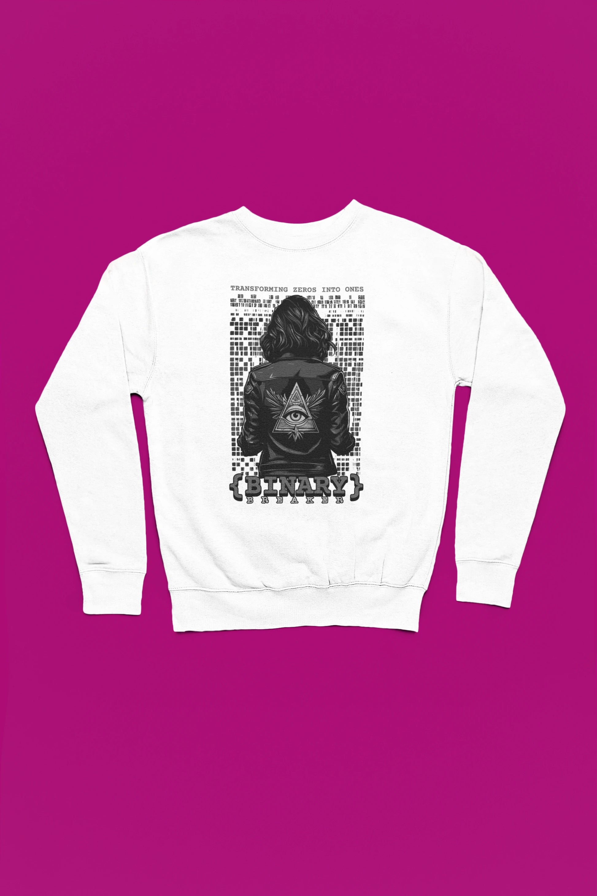 Binary Breaker | Hacker-Pullover im Cyber-Style – weiss Pullover als Flatlay-Mockup, hochwertiges Nerd- & Gaming-Design Produktfoto.