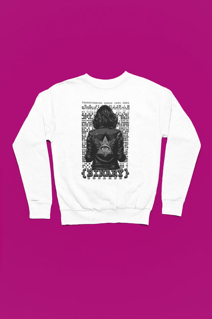 Binary Breaker | Hacker-Pullover im Cyber-Style – weiss Pullover als Flatlay-Mockup, hochwertiges Nerd- & Gaming-Design Produktfoto.