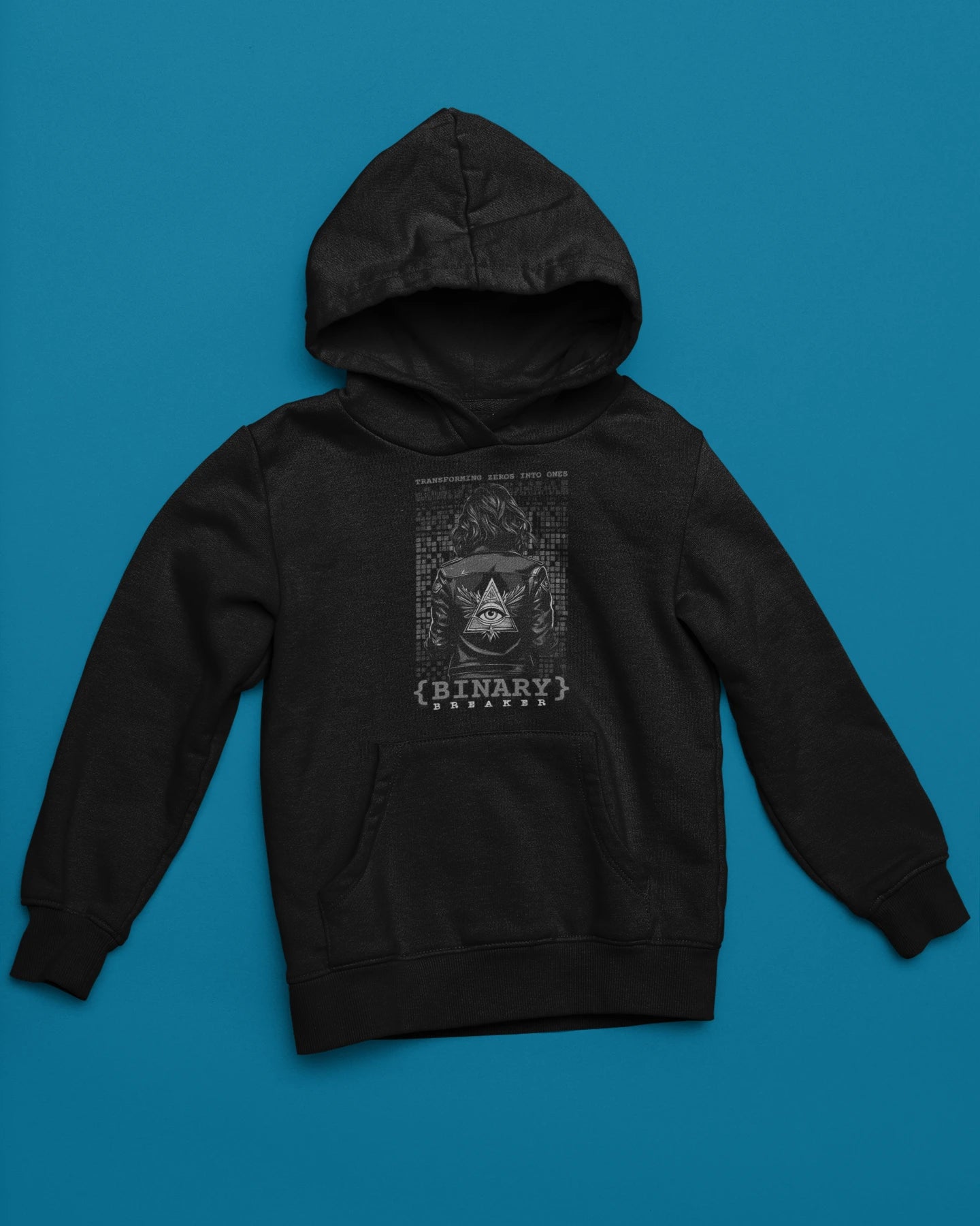 Binary Breaker Hoodie – Transforming Zeros Into Ones Cyberpunk Hacker Design – schwarz Hoodie als flatlay-Mockup, modernes Gaming-Design und hochwertiges Produktfoto.