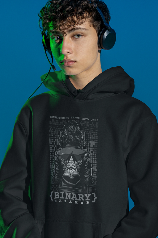 Binary Breaker Hoodie – Transforming Zeros Into Ones Cyberpunk Hacker Design – schwarz Hoodie als maennlich-Mockup, modernes Gaming-Design und hochwertiges Produktfoto.